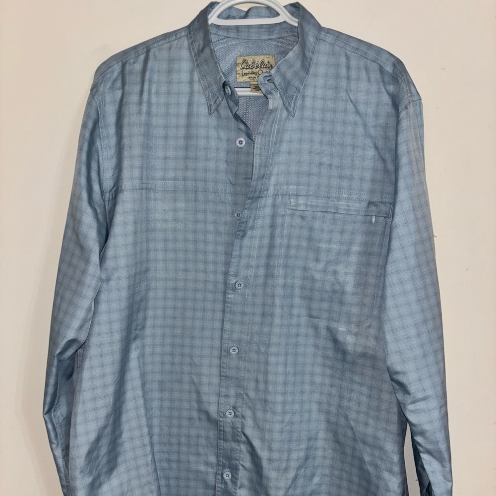Cabelas Shirt Mens Medium Plaid Button Up Vented Breathable Fishing blue hunting